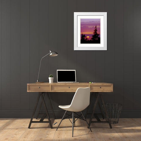 Oregon, Mt Hood Pine trees silhouetted by sunset White Modern Wood Framed Art Print with Double Matting by Kelley, David