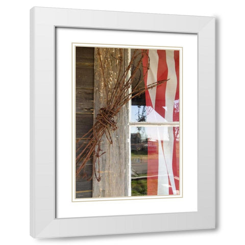 OR, Shaniko Flag in window next to barbed wire White Modern Wood Framed Art Print with Double Matting by Ross, Nancy ,  Steve