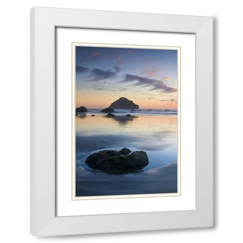 OR, Bandon Beach Face Rock at twilight White Modern Wood Framed Art Print with Double Matting by Rotenberg, Nancy