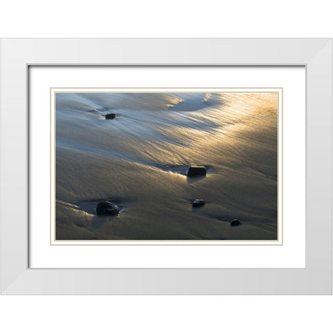 OR, Beach sand and rocks at sunset on shoreline White Modern Wood Framed Art Print with Double Matting by Rotenberg, Nancy