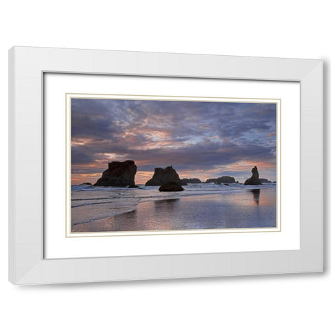 OR, Bandon Sunset over seastacks on ocean beach White Modern Wood Framed Art Print with Double Matting by Paulson, Don