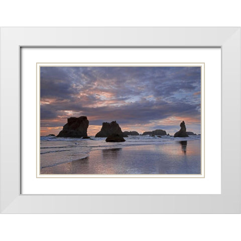 OR, Bandon Sunset over seastacks on ocean beach White Modern Wood Framed Art Print with Double Matting by Paulson, Don