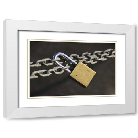 Oregon, Portland Close-up of padlock on chain White Modern Wood Framed Art Print with Double Matting by Terrill, Steve