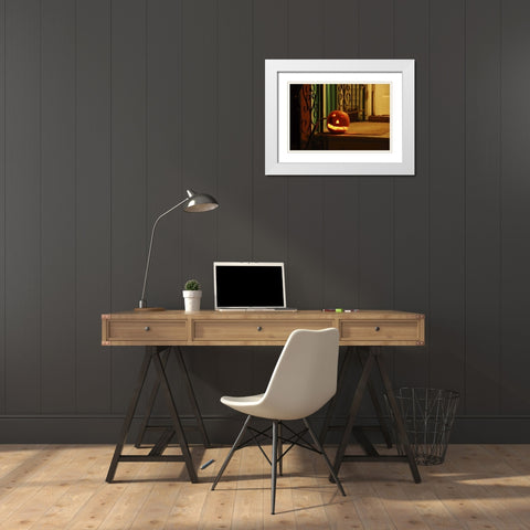 OR, Portland Lighted jack-o-lantern on porch White Modern Wood Framed Art Print with Double Matting by Terrill, Steve