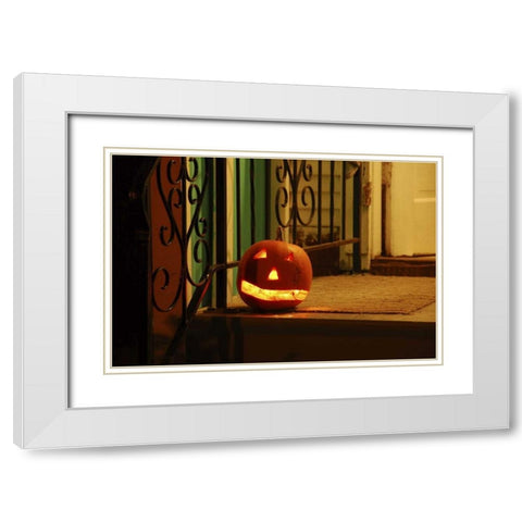 OR, Portland Lighted jack-o-lantern on porch White Modern Wood Framed Art Print with Double Matting by Terrill, Steve