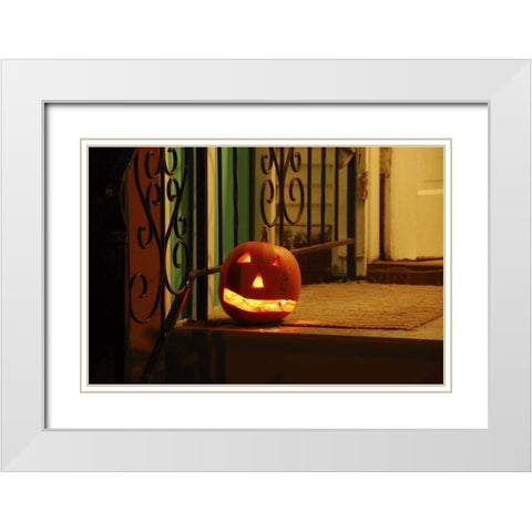 OR, Portland Lighted jack-o-lantern on porch White Modern Wood Framed Art Print with Double Matting by Terrill, Steve