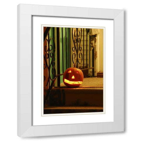 OR, Portland Lighted jack-o-lantern on porch White Modern Wood Framed Art Print with Double Matting by Terrill, Steve