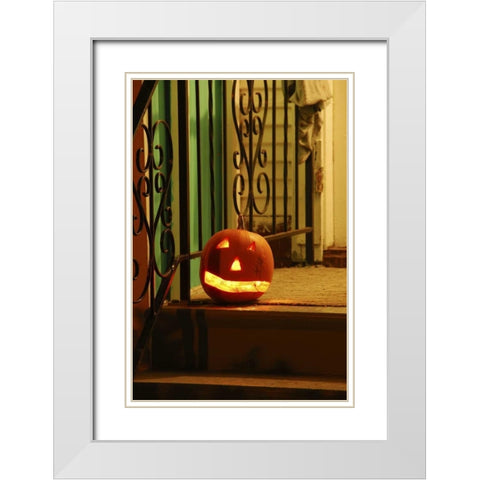 OR, Portland Lighted jack-o-lantern on porch White Modern Wood Framed Art Print with Double Matting by Terrill, Steve