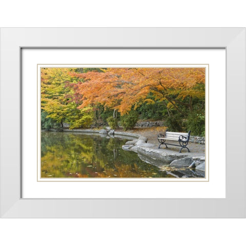 OR, Lithia Park Walkway bench next to pond White Modern Wood Framed Art Print with Double Matting by Paulson, Don