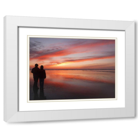 Oregon, Cannon Beach Couple on beach at sunset White Modern Wood Framed Art Print with Double Matting by Paulson, Don