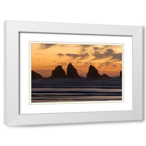 OR, Bandon Sunset silhouette of the sea stacks White Modern Wood Framed Art Print with Double Matting by Kaveney, Wendy