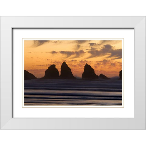 OR, Bandon Sunset silhouette of the sea stacks White Modern Wood Framed Art Print with Double Matting by Kaveney, Wendy