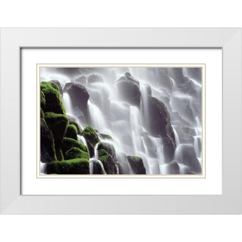 OR, Ramona Falls Waterfall cascades down a cliff White Modern Wood Framed Art Print with Double Matting by Satushek, Steve