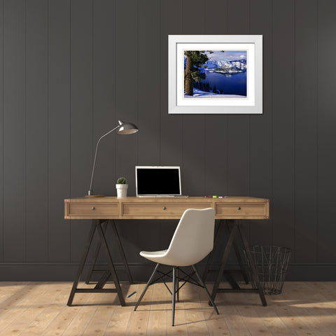 OR, Crater Lake NP View of snowy lake and island White Modern Wood Framed Art Print with Double Matting by Flaherty, Dennis