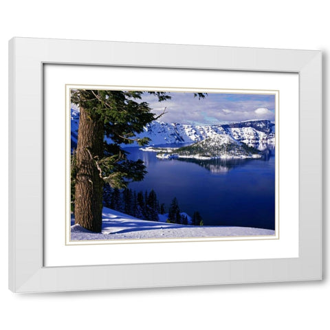 OR, Crater Lake NP View of snowy lake and island White Modern Wood Framed Art Print with Double Matting by Flaherty, Dennis