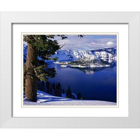 OR, Crater Lake NP View of snowy lake and island White Modern Wood Framed Art Print with Double Matting by Flaherty, Dennis