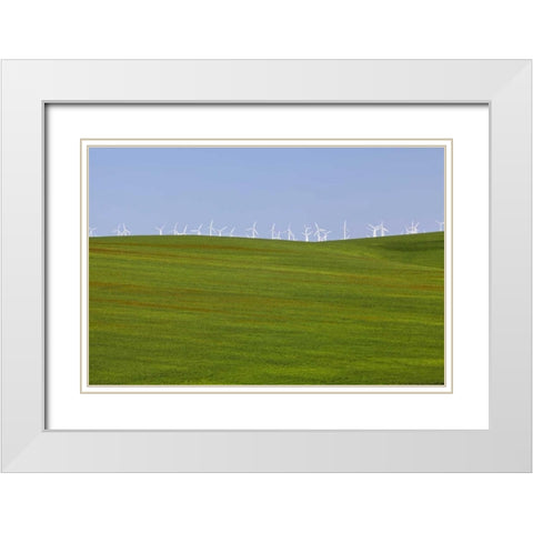 OR, Wasco Wind turbines on verdant farm field White Modern Wood Framed Art Print with Double Matting by Paulson, Don