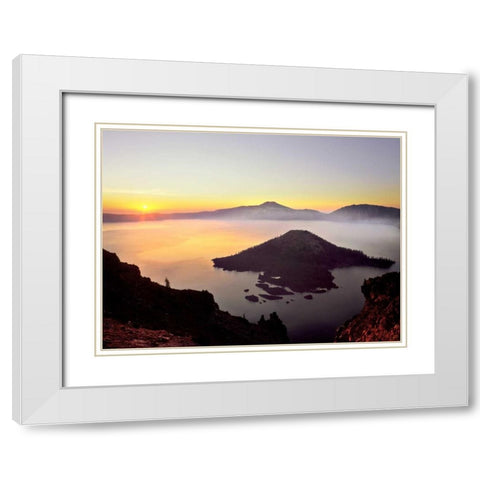 OR, Crater Lake NP Sunrise over Crater Lake White Modern Wood Framed Art Print with Double Matting by Terrill, Steve