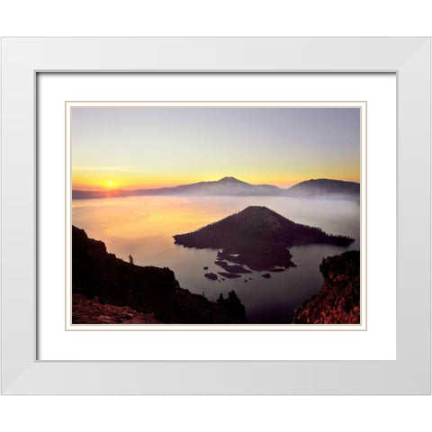 OR, Crater Lake NP Sunrise over Crater Lake White Modern Wood Framed Art Print with Double Matting by Terrill, Steve