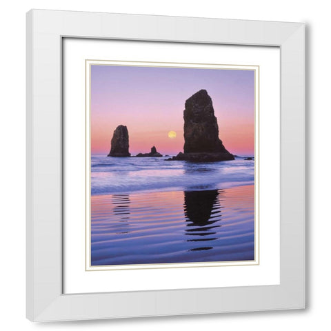 OR, Cannon Beach Moonset at The Needles monolith White Modern Wood Framed Art Print with Double Matting by Terrill, Steve