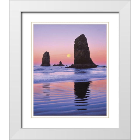 OR, Cannon Beach Moonset at The Needles monolith White Modern Wood Framed Art Print with Double Matting by Terrill, Steve
