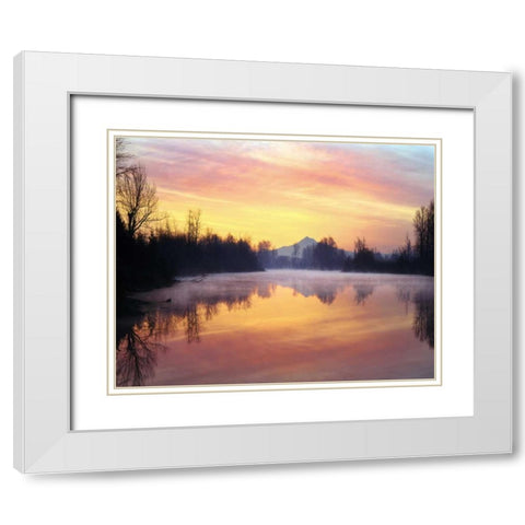 Oregon Mt Hood and Whitaker Pond at sunrise White Modern Wood Framed Art Print with Double Matting by Terrill, Steve