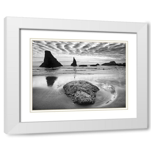 USA, Oregon, Bandon Beach Sunset on sea stacks White Modern Wood Framed Art Print with Double Matting by Flaherty, Dennis