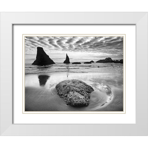 USA, Oregon, Bandon Beach Sunset on sea stacks White Modern Wood Framed Art Print with Double Matting by Flaherty, Dennis