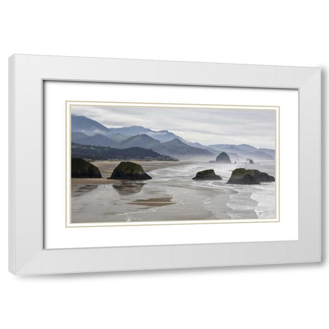 Oregon, Cannon Beach Fog rises over coastline White Modern Wood Framed Art Print with Double Matting by Carter, Jean