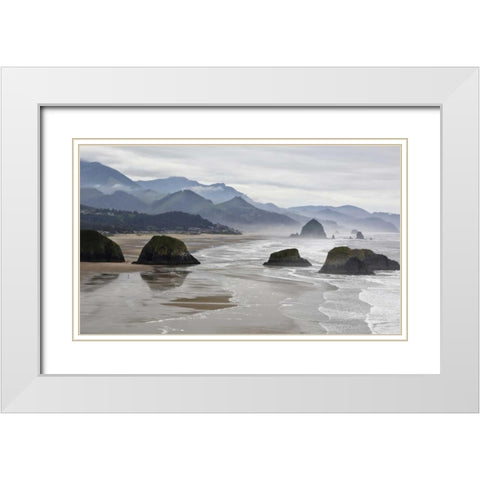 Oregon, Cannon Beach Fog rises over coastline White Modern Wood Framed Art Print with Double Matting by Carter, Jean