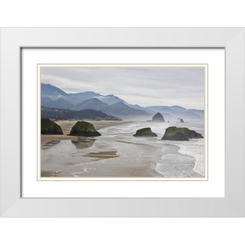 Oregon, Cannon Beach Fog rises over coastline White Modern Wood Framed Art Print with Double Matting by Carter, Jean