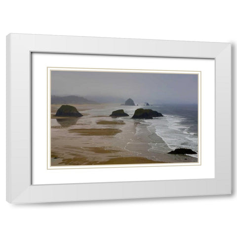 OR, Cannon Beach Foggy morning on coastline White Modern Wood Framed Art Print with Double Matting by Carter, Jean