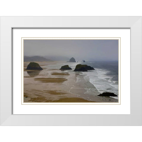 OR, Cannon Beach Foggy morning on coastline White Modern Wood Framed Art Print with Double Matting by Carter, Jean