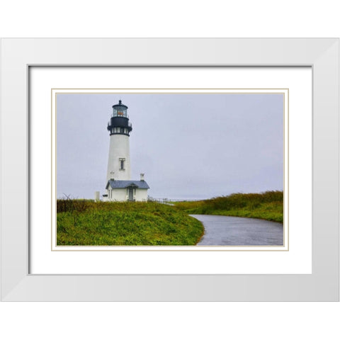 USA, Oregon Yaquina Head Lighthouse on foggy day White Modern Wood Framed Art Print with Double Matting by Carter, Jean