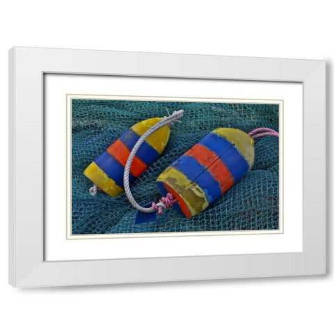 Oregon, Garibaldi Blue fishing nets with buoys White Modern Wood Framed Art Print with Double Matting by Carter, Jean