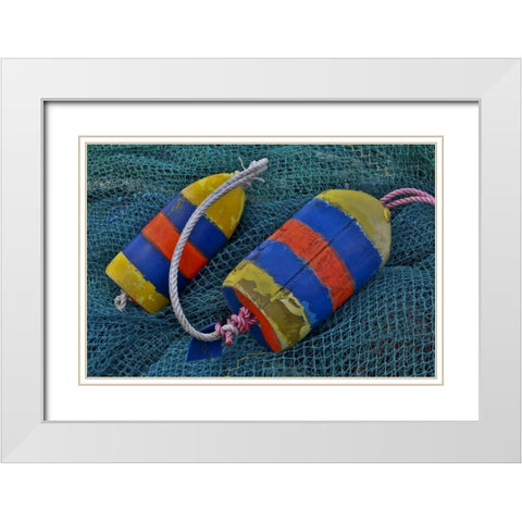 Oregon, Garibaldi Blue fishing nets with buoys White Modern Wood Framed Art Print with Double Matting by Carter, Jean