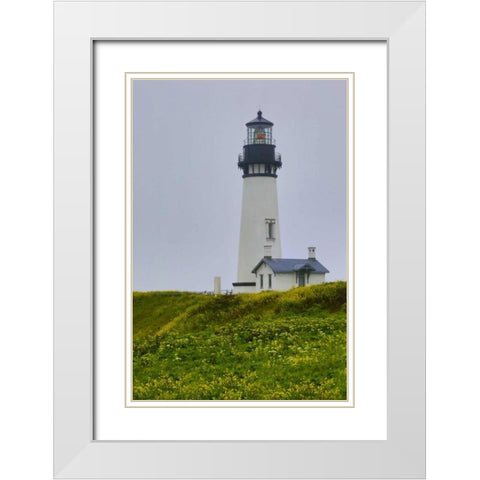 USA, Oregon Yaquina Head Lighthouse on foggy day White Modern Wood Framed Art Print with Double Matting by Carter, Jean