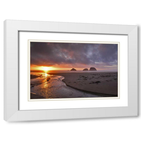 Oregon, Oceanside Sunset on Three Arch Rocks White Modern Wood Framed Art Print with Double Matting by Terrill, Steve