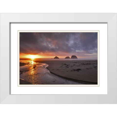 Oregon, Oceanside Sunset on Three Arch Rocks White Modern Wood Framed Art Print with Double Matting by Terrill, Steve