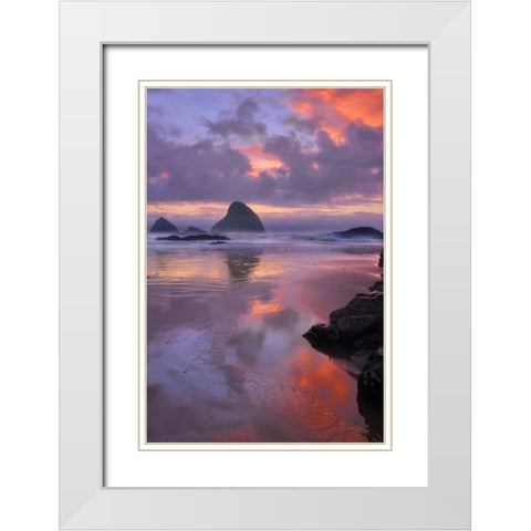 Oregon, Oceanside Sunset on beach and sea stacks White Modern Wood Framed Art Print with Double Matting by Terrill, Steve