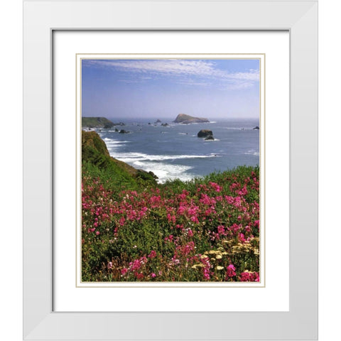 Oregon Seascape of Goat Rock and sweet peas White Modern Wood Framed Art Print with Double Matting by Terrill, Steve