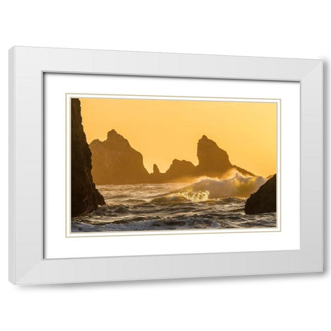 Oregon-Bandon Beach-sunset-crashing waves White Modern Wood Framed Art Print with Double Matting by Jaynes Gallery