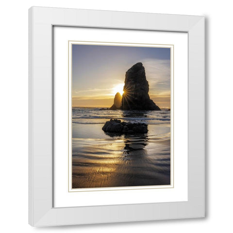 Haystack Rock Pinnacles at low tide in Cannon Beach-Oregon-USA White Modern Wood Framed Art Print with Double Matting by Haney, Chuck