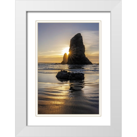 Haystack Rock Pinnacles at low tide in Cannon Beach-Oregon-USA White Modern Wood Framed Art Print with Double Matting by Haney, Chuck