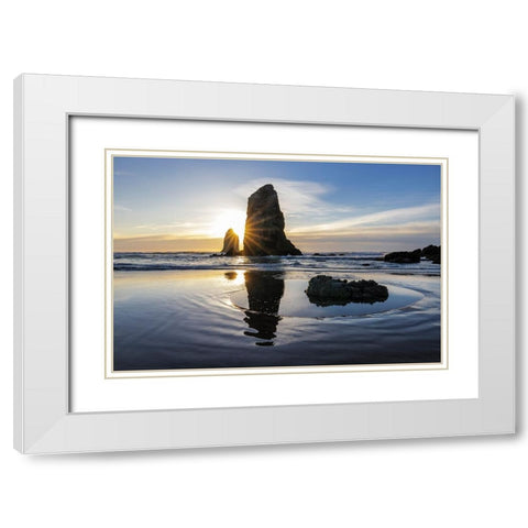 Haystack Rock Pinnacles at low tide in Cannon Beach-Oregon-USA White Modern Wood Framed Art Print with Double Matting by Haney, Chuck