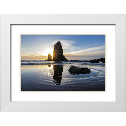 Haystack Rock Pinnacles at low tide in Cannon Beach-Oregon-USA White Modern Wood Framed Art Print with Double Matting by Haney, Chuck