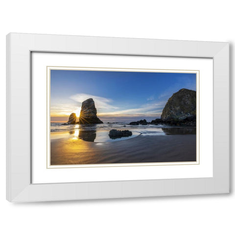 Haystack Rock Pinnacles at low tide in Cannon Beach-Oregon-USA White Modern Wood Framed Art Print with Double Matting by Haney, Chuck