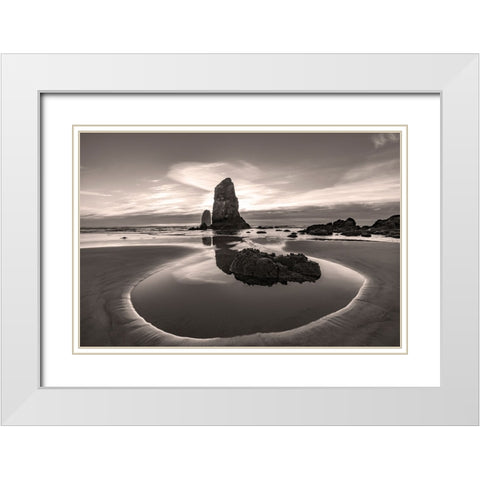 Haystack Rock Pinnacles at low tide in Cannon Beach-Oregon-USA White Modern Wood Framed Art Print with Double Matting by Haney, Chuck