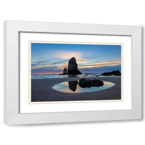 Haystack Rock Pinnacles at low tide in Cannon Beach-Oregon-USA White Modern Wood Framed Art Print with Double Matting by Haney, Chuck