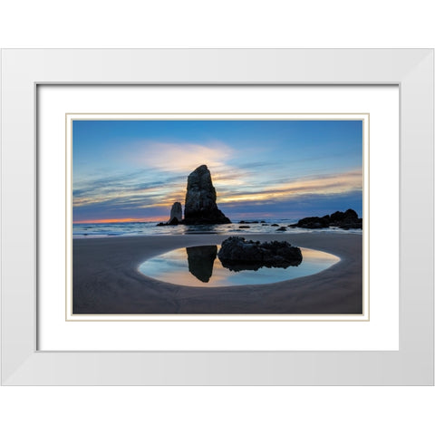 Haystack Rock Pinnacles at low tide in Cannon Beach-Oregon-USA White Modern Wood Framed Art Print with Double Matting by Haney, Chuck